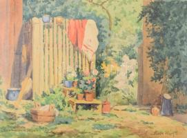 Glock Klára (1896-1966): Virágos udvar, Szomolnok (Felvidék), 1934. Akvarell, ceruza, papír. Jelzett. Üvegezett fakeretben, 24×33 cm