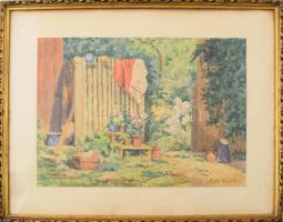 Glock Klára (1896-1966): Virágos udvar, Szomolnok (Felvidék), 1934. Akvarell, ceruza, papír. Jelzett...