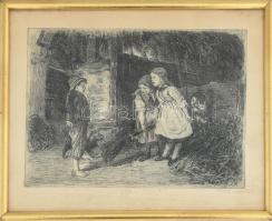 Horváth jelzéssel: Gyereke kutyával és macskával. Rézkarc, papír. Kissé foltos. Üvegezett fakeretben, 17,5×23,5 cm