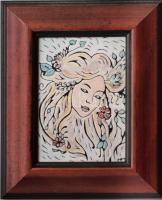 Női arc. Tűzzománc, fa keretben, cca 11x8 cm