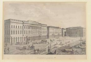 Pest, rakpart, XIX. sz. közepe. Acélmetszet, papír. Jelzés nélkül. Kissé foxing foltos. Üvegezett, dekoratív fakeretben, 9×14 cm