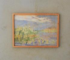 Kelemenné Mészöly Laura (1919-1990): Miniatűr IX. (Balatonpart). Olaj, fa. Jelzett. Hátoldalán Képcs...