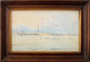 Olvashatatlan jelzéssel, XIX. sz. vége, feltehetően orosz alkotó: Orosz v. kelet-európai város látképe. Akvarell, papír. Üvegezett fakeretben, 16×26 cm