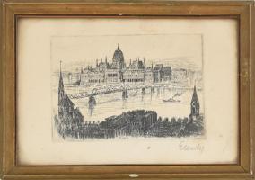 Élesdy István (1912-1987): Budapesti panoráma a Kossuth híddal, 1950 körül. Rézkarc, papír, jelzett, üvegezett fakeretben. 10x14 cm