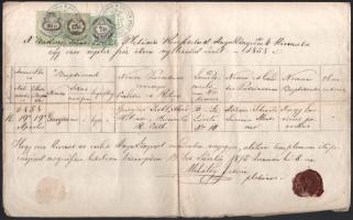 1875 Bakonyszentlászló, anyakönyvi kivonat másolata 36kr + 12kr + 2kr okmánybélyeggel, sérült viaszpecséttel