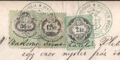 1875 Bakonyszentlászló, anyakönyvi kivonat másolata 36kr + 12kr + 2kr okmánybélyeggel, sérült viaszp...