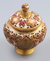 Zsolnay áttört mintás fedeles díszedény, cca 19. sz. vége, restaurált, m: 15 cm