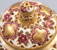 Zsolnay áttört mintás fedeles díszedény, cca 19. sz. vége, restaurált, m: 15 cm