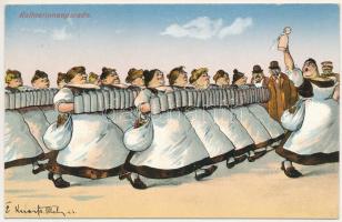 Kellnerinnenparade. Aufgabeort Kgl. Hofbräuhaus München, Pächter Johann Panzer / Német sör reklám / German beer advertisement, waitress humour