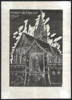 Molnár Dénes (1947-2000): Marosvásárhely (az Erdélyi mezőség c. mappából). Fametszet, papír, jelzett, hátoldalán ragasztásnyomokkal, középen hajtásnyommal, 23x16 cm