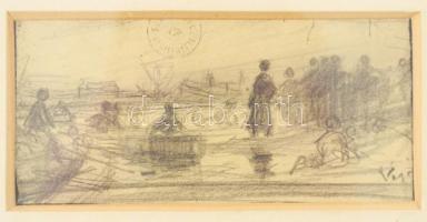 Vágó Pál (1853-1928): Szegedi árvízkép első vázlata. Ceruza, papír, jelezve jobbra lent. Hátoldalán "Magyar Nemzeti Galéria igazolása 1465/59 a-b"b felirattal. Lap tetején gyűjteményi pecséttel és apró szakadásokkal. Üvegezett fakeretben. 6x13 cm
