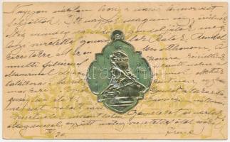 1939 A Felvidék visszacsatolásának emlékére. Irredenta művészlap. Szeiler féle Patent dombornyomott fémplaketten, A Felvidéki Egyetemi és Főiskolai Hallgatók Egyesülete kiadása / "In Remembrance of the Liberation of Northern Hungary" entry of the Hungarian troops, Hungarian irredenta propaganda. Emb. Art Nouveau (r)