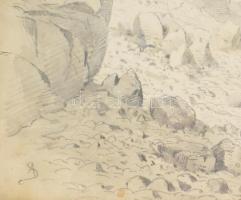 AS jelzéssel, XIX. sz. vége/XX. sz. eleje: Hegyi vándor. Ceruza, papír. Hátoldalán Belvárosi Aukciós...