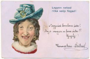 Legyen neked ritka szép fogad! / Hungarian humour art postcard. Emb. litho (fa)