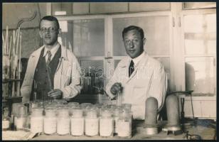 1935 Fővárosi Vegyészeti Intézet laboratóriuma két férfival (egyikük Förster Rezső vegyész?), fotólap, jelzés nélkül, hátoldalán feliratozott, 9x14 cm