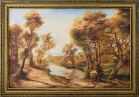 Ioan Grosos (1952), romániai festő: Vízparti táj. Olaj, vászon. Jelezve jobbra lent. Dekoratív, sarkaiban kissé sérült fakeretben. 55x79,5 cm