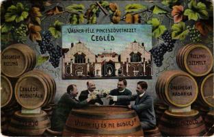 1932 Cegléd, Vágner-féle pinceszövetkezet. Humoros montázs a borospincéből hordókkal / Montage postcard from the wine cellar (szakadás / tear)