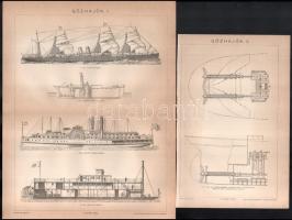 cca 1900 Hajós témájú illusztrációk: Hajók I-IV, Gőzhajók I-II, Ó-kori és barbár népek hajói, összesen 7 tábla, Pallas Nagy Lexikona, 23x30 cm és 23x15 cm közötti méretben.