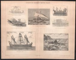 cca 1900 Hajós témájú illusztrációk: Hajók I-IV, Gőzhajók I-II, Ó-kori és barbár népek hajói, összes...