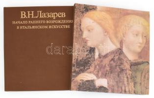A korai reneszánsz kezdete az itáliai művészetben. 2 kötet (szöveg és képtáblák). Moszkva, 1979, Izdatelstvo Iskusstvo. Orosz nyelven. Kiadói egészvászon-kötés, kissé sérült kiadói kartontokban.