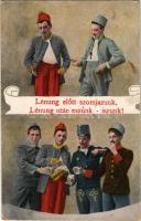 Lénung előtt szomjazunk, Lénung után eszünk iszunk! Osztrák-magyar humoros katonai motívumlap / K.u.K. military humour motive card. OKW. 180. (kopott sarkak / worn corners)