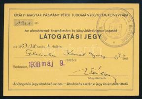 1938 Fleischer Kornél György joghallgató, Kir. Magyar Pázmány Péter Tudományegyetem Könyvtára, látogatási jegy