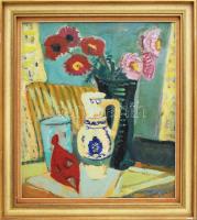 Ballagó Imre (1915-1997): Csendélet Zsolnay figurával (Török Imre terve). Olaj, farost, jelzett. Hátoldalán autográf felirattal. Kissé sérült fa keretben. 41×36,5 cm