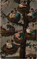 1915 Üdvözlet a táborból / WWI Austro-Hungarian K.u.K. military, romantic couples, stork, baby (EB)