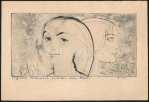 Szász Endre (1926-2003): Barátnők. Rézkarc, papír, jelzett és dedikált Szíj Rezső irodalomtörténésznek, 10x20 cm