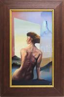 Farkas József (?-): Szürrealista akt tájban. Olaj, farost. Jelezve jobbra lent. Fakeretben. 53x29 cm