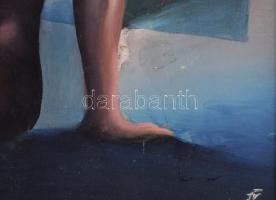 Farkas József (?-): Szürrealista akt tájban. Olaj, farost. Jelezve jobbra lent. Fakeretben. 53x29 cm