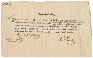 Miskolc 1849. Névre szóló "Nyugtatvány" 40Ft összegről, amelyet a hatóságok az 1848-49-es szabadságharc leverése után, a lakosságtól begyűjtött Kossuth-bankók ellenében állítottak ki. Az Adamovszky Speciál Bankjegykatalógusban nem szerepel! "Nyugtatvány. Negyven frt - król mellyeket az úgy nevezett Kossuth féle magyar bank-jegyekbe Cserépi [...] Imre ur folyó évi Julius hó 1-ső napján nagy Méltóságú országos fő Biztos Gróf Zichy Ferencz úrr ő Excellentziája által kiadott rendelet folytában kezemhez beadott. Költ Miskolcz Sep 29 1849. Megbízott beszedő Kis Gábor". Többször hajtott, de erős papír. Hungary / Miskolc 1849. "Nyugtatvány" Personal receipt for the amount of 40 Forint, which was issued by the authorities for Kossuth banknotes collected from the population after the suppression of the 1848-49 War of Independence. Not listed in the Adamovszky Special Banknote Catalogue! Folded several times, but strong paper.