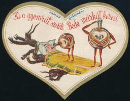 cca 1925 "Ki a gyomrát szereti, Bede márkát keresi" dekoratív szív alakú számolócédula, menekülő ördögökkel, szép állapotban
