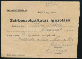 1950 Szerencs, zsírbeszolgáltatás igazolása, hátoldalasertésvágási engedély