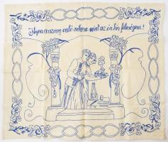 Feliratos konyhai falvédő, "Ilyen asszony való nékem mint az én kis feleségem" felirattal, folttal, 60x73 cm