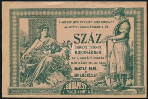 1907 A Magyar Bank- és Sorsjegyüzlet dekoratív bankjegy mintájú reklámcédulája, 100K hátoldalán szerencse-naptárral, hajtásnyommal, 16x11 cm