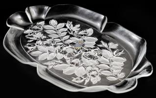 Original Waltherglas ovális asztalközép kínáló, préselt és savmaratott virágmintával, jelzett, hibátlan, 41x30 cm