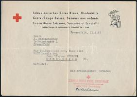 1947 Svájci Vöröskereszt értesítése magyar személy (Rády László) tartózkodási helyéről ,fejléces papíron, bélyegzéssel.