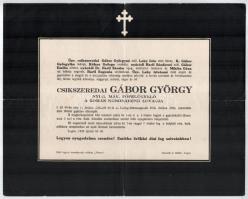 1926 Lugos, csíkszeredai Gábor György nyug. MÁV főfelügyelő gyászjelentése, Versecre postázva, apró lapszéli szakadással