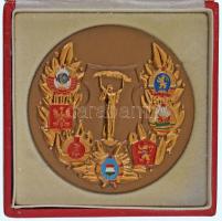 ~1970-1980. A Varsói Szerződés résztvevő országainak címereivel díszített, részben aranyozott és festett bronz plakett, dísztokban (79mm) T:AU
