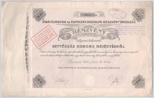 Budapest 1924. "Star Filmgyár és Filmkereskedelmi Részvénytársaság" részvény 200K-ról, szelvényekkel, szárazpecséttel, felülbélyegzésekkel T:F