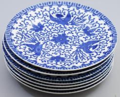 Japán főnixmadár mintás süteményes tányér szett, 7 darab, jelzett, hibátlan, d: 19 cm