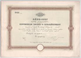 Budapest 1904. "Kereskedelmi Takarék és Hitelszövetkezet" névre szóló részvény 100K-ról, szelvényekkel, szárazpecséttel, felülbélyegzéssel T:AU Hungary / Budapest 1904. "Kereskedelmi Takarék és Hitelszövetkezet" share about 100 Korona with shareholder's name, coupons, embossed stamp and overprint C:AU