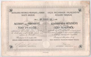 Budapest 1926. "Hazai Mechanikai Palackgyár Részvénytársaság" részvénye 100P-ről, magyar-francia kétnyelvű, szelvényekkel, szárazpecséttel T:XF fo.
