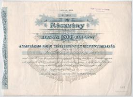 Nagyvárad 1910. "Nagyváradi Agrár Takarékpénztár Részvénytársaság" névre szóló részvénye 200K-ról. szelvényekkel, bélyegzéssel T:F