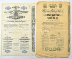 Budapest 1898. "Belvárosi Takarékpénztár" 4 1/2%-os záloglevele 2000K-ról + 1912. "Magyar Földhitel Intézet" 4%-os záloglevele 2000K-ról T:F