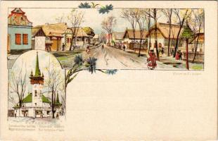 Budapest XIV. Városliget, Ezredéves Országos Kiállítás, Magyar utca és a templom, Posner és Fia, litho barna 2 Kr. Ga. s: Cserna