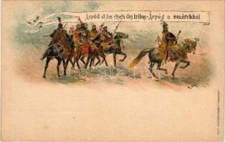 Árpád et les chefs des tribus / Árpád a vezérekkel; Ezredéves Országos Kiállítás, barna 2 Kr Ga. litho (fa)