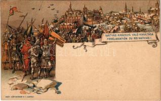 Mátyás királlyá való kikiáltása. Ezredéves Országos Kiállítás / Proclamation du roi Mathias I / coronation of Matthias Corvinus, King of Hungary. Hungarian Millennium Exhibition. barna 2kr Ga. litho