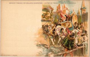 Rákóczy Ferenc bevonulása Munkácsra. Ezredéves Országos Kiállítás / Entree de Francois Rákóczy a Munkács / entry of Francis II Rákóczi to Mohács, King of Hungary. Hungarian Millennium Exhibition. barna 2kr Ga. litho